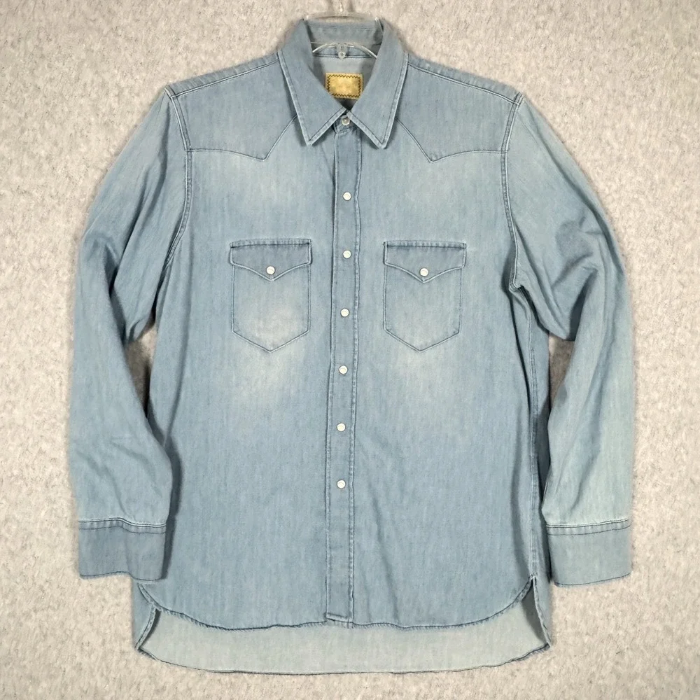 Wythe Western Washed Indigo Denim Long Sleeve Pearl Snap Large Mens L